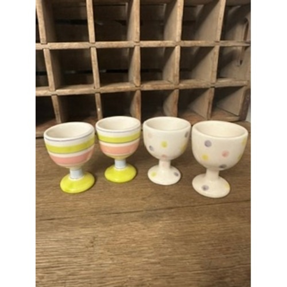 Set of 4 Vintage Tag brand pastel egg cups polka dot and stripes. New open box